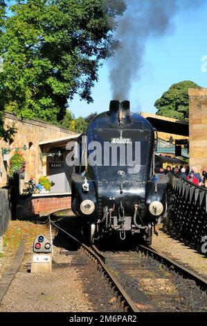 Nach der Ankunft an der Pickering Station Klasse A4 Pacific No 60007 fährt Sir Nigel Gresley am 5. Oktober 2008 um den Zug herum. Stockfoto