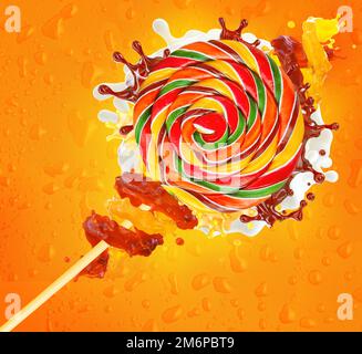 Großer süßer Regenbogenlutscher, rote, gelbe, grüne Spiralen, Fruchtsäfte, 3D flüssige Spritzer. Fruchtsaft Süßigkeiten Konfektion Design und s Stockfoto