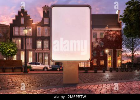Leere Plakatwand im Freien, leeres Werbeanzeige, 3D-Gestaltungsvorlage für den Straßenhintergrund in der Stadt am Abend. Vertikales Poster mit Werbetafeln Stockfoto
