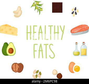 Gesunde Fette Produkte auf weißem Hintergrund, Vektordarstellung Stock Vektor