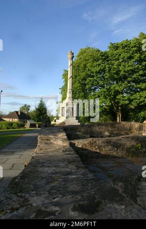 Renfrewshire Wallace Monument Elderslie, Johnstome, Schottland, Großbritannien. Dieses Denkmal steht in der Nähe eines Ortes, der nach einer langen Tradition der Geburtsort von Sir William Wallace, dem Wächter von Schottland, sein soll. Dieses Denkmal für unseren Nationalhelden wurde in Elderslie als viktorianische Touristenattraktion errichtet. Es befindet sich am mutmaßlichen Geburtsort von Wallace. Die Gesamtform der Gedenkstätte ähnelt der eines mercat Kreuzes; sie wurde von John C.T. entworfen Murray und J. Andrew Minty, und wurde 1912 errichtet. Stockfoto