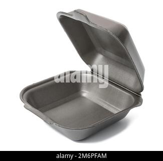 Offener grauer Kunststoffbehälter mit Deckel für Lebensmittel auf weißem, isoliertem Hintergrund. Einwegbehälter Stockfoto