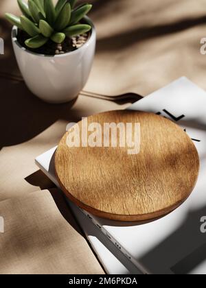 3D flaches Holzpodium auf den Büchern und Stoff mit saftiger Vase. 3D realistische Darstellung der Produktwerbung. Stockfoto