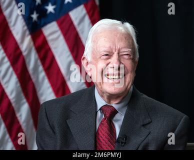 Der ehemalige Präsident Jimmy Carter trat am Dienstag, den 8. April 2014, während einer Google Hangout-Sitzung während des LBJ Presidential Library Civil Rights Summit in Austin, Texas, auf. Foto von Lauren Gerson. Stockfoto