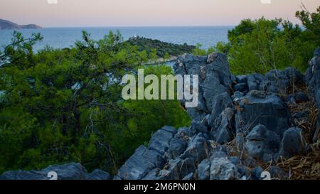 Treffpunkt der Ägäis und des Mittelmeers; Dalyan. Der Strand von Iztuzu, das Laichgebiet der Caretta-Caretta-Schildkröten. Dalyan Delta, berühmt für Stockfoto