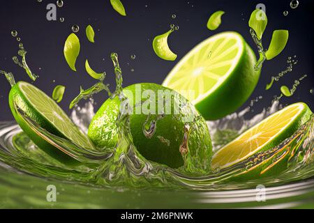 Isolierter Limonen- und Wasserspritzer auf schwarzem Hintergrund: Perfekt für Cocktail-Rezepte und Saftwerbung Stockfoto