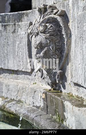 Faun Head Skulptur als Teil des mittelalterlichen Brunnens an der Plaza del Espiritu Santo in Vegueta, Las Palmas de Gran Canaria, Spanien Stockfoto