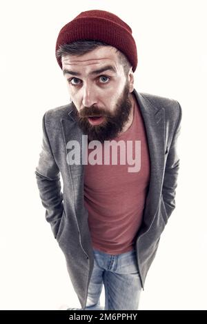 Tipps und Tricks, schöner Mann. Attraktiv und gutaussehend. Bärtig und gutaussehend. Konzept der Selbstverbesserung. Wie gefällt dir mein Stil? Bärtiger Hipster Stockfoto