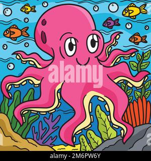 Octopus Marine Animal Farbige Cartoon-Illustration Stock Vektor