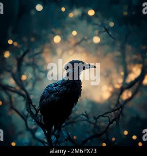 Dunkle Krähe, die auf einem Ast sitzt Stockfoto