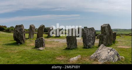 Ein Panoramablick auf den Drombeg Stone Circle in der Grafschaft Cork in Irland Stockfoto