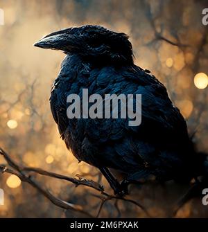 Dunkle Krähe, die auf einem Ast sitzt Stockfoto