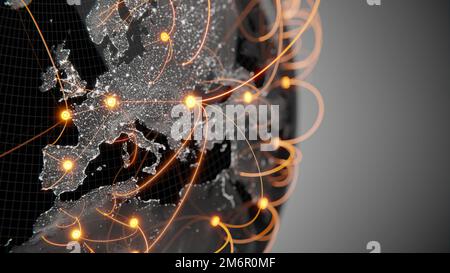 Globalisierung und Kommunikationskonzept. Erde und Lichtstrahlen. 3D-Rendering Stockfoto