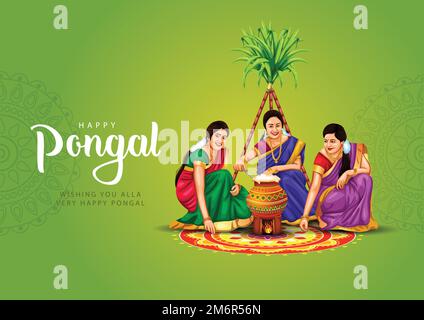 Ein neues Bild von "Happy Pongal Holiday Harvest Festival" von Tamil Nadu Woman's Making Pongal. vektorhintergrundkonstruktion Stock Vektor