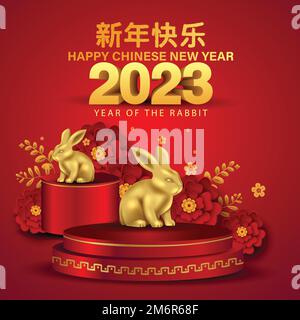 Frohes chinesisches Neujahr 2023 Jahr des Kaninchen-Zodiac Schild mit Blume 3D Buchstabe. Entwurf einer abstrakten Vektordarstellung (Übersetzung: Frohes neues Jahr) Stock Vektor