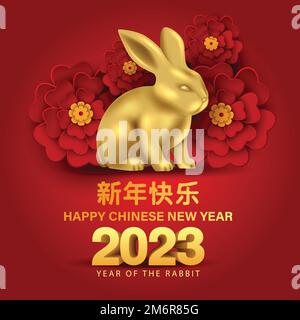 Frohes chinesisches Neujahr 2023 Jahr des Kaninchen-Zodiac Schild mit Blume 3D Buchstabe. Entwurf einer abstrakten Vektordarstellung (Übersetzung: Frohes neues Jahr) Stock Vektor