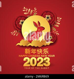 Frohes chinesisches Neujahr 2023 Jahr des Kaninchen-Zodiac Schild mit Blume 3D Buchstabe. Entwurf einer abstrakten Vektordarstellung (Übersetzung: Frohes neues Jahr) Stock Vektor