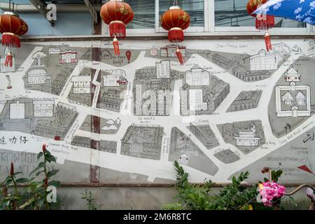 Karte des Viertels Talat Noi auf der Karte der Region Chinatown in Bangkok, Stockfoto