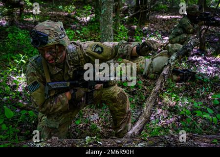 Soldaten des Bataillons 2., 327. Infanterie-Regiment „No Slack“, 1. Brigade Combat Team, 101. Airborne Division (Air Assault), führten während der Operation Lethal Eagle 2, Fort Campbell, Ky, eine Situationsübung durch. Die situationsbezogene Trainingsübung bestand aus einer Flugmission, der Einrichtung eines objektiven Rally-Punktes und der Reaktion auf den Kontakt. Stockfoto