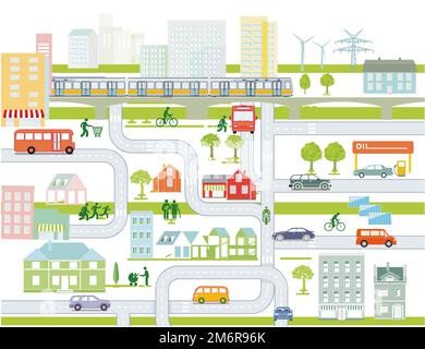 Stadtplan mit Straßenverkehr und Häusern, Informationsdarstellung Stockfoto