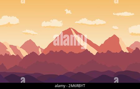 Sonnenuntergang in den Bergen. Vektorlandschaft - Pyrenäen in Spanien. Wunderschöne rote Bergschichten-Vektordarstellung. Stock Vektor