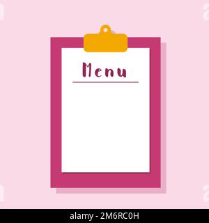 Speisekarte im Clipboard Restaurant. Leere Menüvorlage, rosafarbenes Vektordesign. Stock Vektor