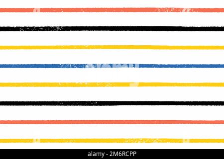 Handgezeichnetes einfaches Streifenmuster. Nahtloses Vektormuster. Gelbe, rote, schwarze und blaue Streifen auf Weiß. Stock Vektor