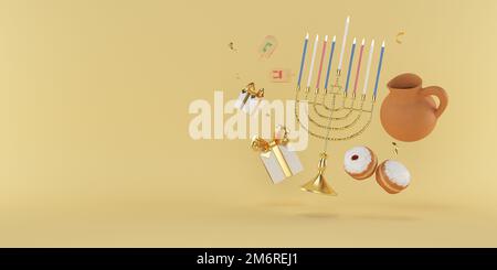 3D-Darstellung des jüdischen Feiertags Hanukka mit Menorah oder traditionellem Kandelabra, Donuts und hölzernen Dreidel oder Drehteller, Stockfoto