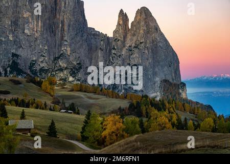 Sciliar bei Sonnenaufgang im Herbst, Seiser Alm, Sud Tirol, Italien Stockfoto