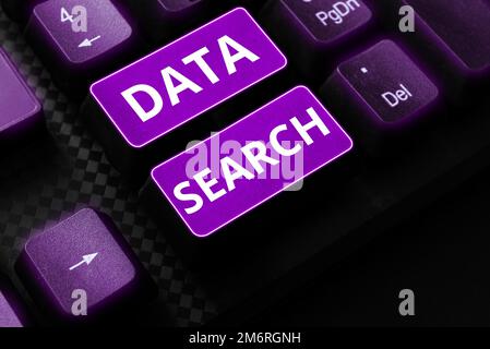 Textdatensuche wird angezeigt. Das Wort, das auf geschrieben wurde, sammelt und meldet Informationen und enthält bestimmte Begriffe Stockfoto