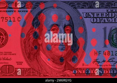 Hintergrund mit zeitgenössischen Kunstwerken mit farbigen Banknoten. Digitaler Texturhintergrund. Trendige Pop-Art-Spaßkultur. Neuronale Netzwerkkunst Stockfoto
