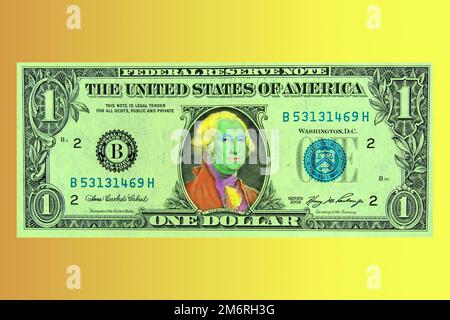 Hintergrund mit zeitgenössischen Kunstwerken mit farbigen Banknoten. Digitaler Texturhintergrund. Trendige Pop-Art-Spaßkultur. Neuronale Netzwerkkunst Stockfoto