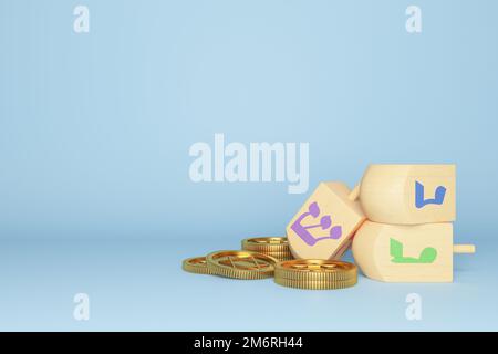 3D Rendering Bild des jüdischen Feiertages Hanukkah mit Goldmünze und hölzernen Dreideln oder Kreide auf blauem Hintergrund. Stockfoto