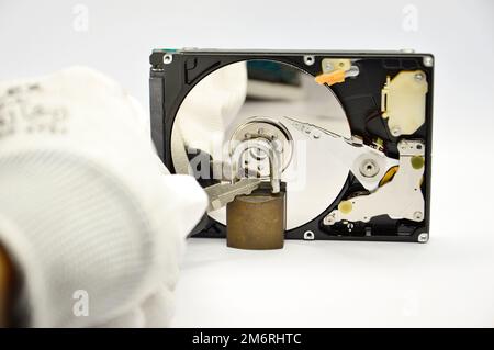 Plattenlaufwerk mit 2,5 Zoll Größe, Datenschutzkonzept Stockfoto