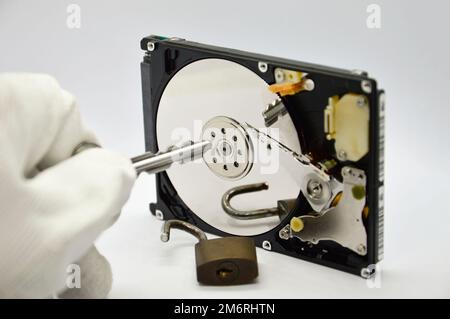 Plattenlaufwerk mit 2,5 Zoll Größe, Datenschutzkonzept Stockfoto