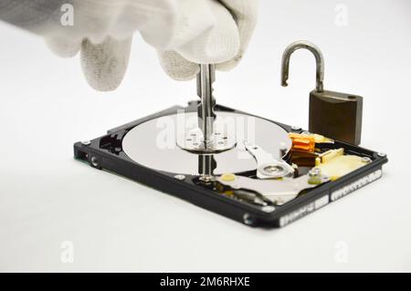 Plattenlaufwerk mit 2,5 Zoll Größe, Datenschutzkonzept Stockfoto