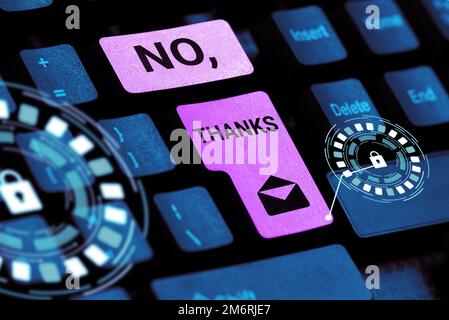 Schreiben mit Anzeige des Textes Nein, Danke. Wort, das bei der Beantwortung der Frage mit diesen Wörtern geschrieben wurde, um Akzeptanz oder Ablehnung zu zeigen Stockfoto