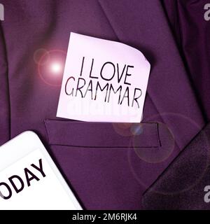 Konzeptionelle Beschriftung I Love Grammar. Unternehmerische Betrachtungsweise der Bewunderung des Systems und der Sprachstruktur Stockfoto