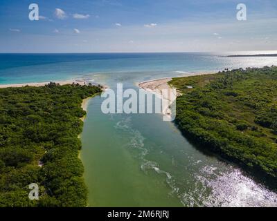 Luftfahrt zum UNESCO-Weltkulturerbe Biosphärenreservat Sian Ka'an Biosphärenreservat, Quintana Roo, Mexiko Stockfoto