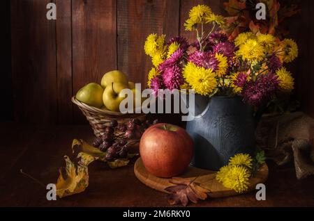 Chrysanthemen in einem Gartentopf mit Früchten auf dunklem Holzhintergrund Stockfoto