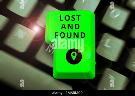Textunterschrift mit „Verloren und gefunden“. Konzept bedeutet Ort, an dem Sie den Suchdienst für vergessene Dinge finden können Stockfoto