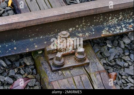 Nahaufnahme des Befestigungselements eines Schienenstrecks, das die Schiene an der Liege oder am Kreuzstück hält Stockfoto