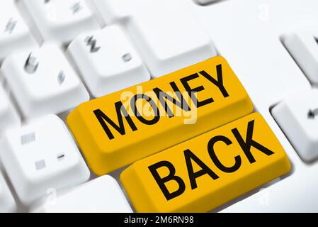 Text mit „Inspiration Money Back“. Wort für: Erhalten Sie das, was Sie im Gegenzug für einen Fehler oder ein Problem im Produkt bezahlt haben Stockfoto