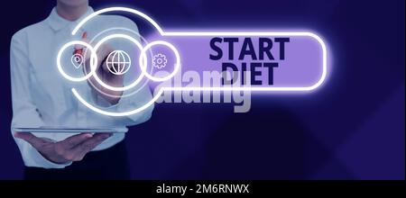 Textzeichen mit „Diet starten“. Internet-Konzept Spezial-Kurs-Essen, auf das sich der Mensch beschränkt Stockfoto