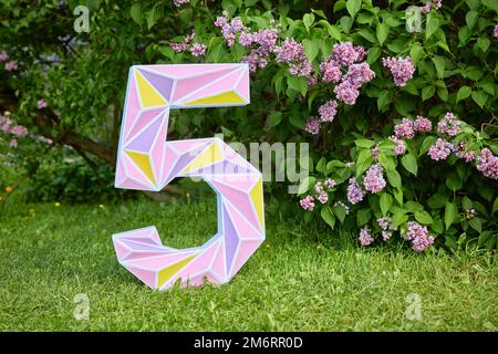 Volumetrische Figur zum Geburtstag auf natürlichem grünen Hintergrund mit Gras und Fliederblüten. Stockfoto