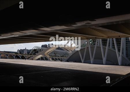 Werfen Sie einen Blick unter der Brücke des Umbwunders und dem Gebäude der Stadt der Künste und Wissenschaften in Valencia, Spanien. Stockfoto