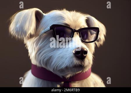 Süßer weißer Hund mit Brille Stockfoto