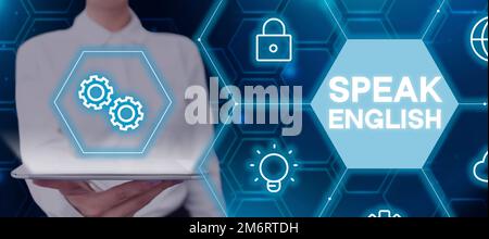 Die konzeptionelle Darstellung spricht Englisch. Business Concept Study eine weitere Fremdsprache Online verbale Kurse Stockfoto