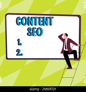 Inspiration mit Zeichen Inhalt Seo. Konzeptfoto Erstellen von Webseiteninhalten, um einen hohen Rang in den Suchmaschinen einzunehmen Stockfoto