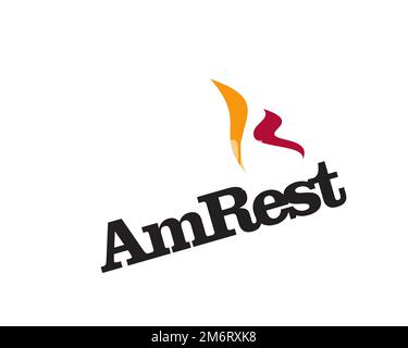 AmRest, gedrehtes Logo, weißer Hintergrund Stockfoto